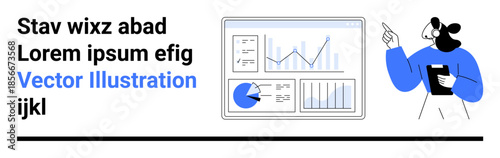 Analyst points to dashboard featuring financial graphs, pie charts, and line charts. Ideal for data analysis, business strategy, presentations, reporting, education, training simple landing page