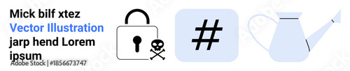 Padlock with skull motif, blue metadata tag icon, white watering can. Ideal for digital security, social media, gardening, cautionary messaging, data protection, minimal design simple landing page
