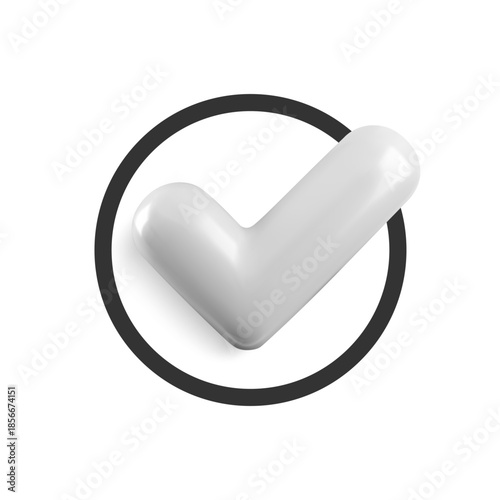 Vector realistic 3d Check mark in flat circle icon. Trendy plastic white checkmark, black select circle icon on white background. Round yes button. 3d render tick sign for web, app, design, game.