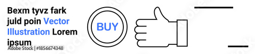 Online shopping, approval, digital marketing, e-commerce, branding, communication. Circular buy button next to a thumb up gesture. Online shopping and approval concept