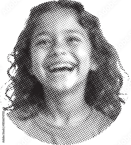 A halftone portrait of a smiling woman with wavy hair