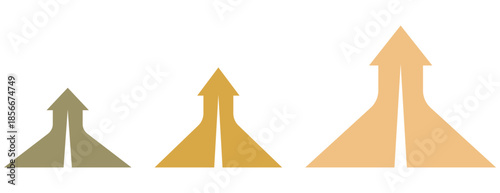Three rising arrow paths in earth tones, gradient of ascending pointers on white background