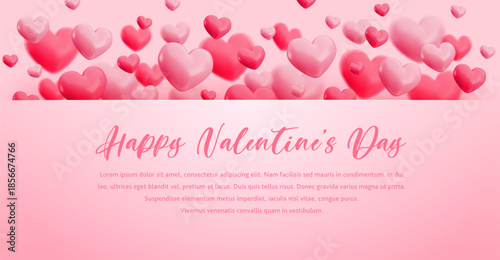 Vector Happy Valentines Day banner template. Horizontal border with flying realistic heart balloons frame and text on pink background. Cartoon 3d Valentine's day design for greeting, decor, invitation