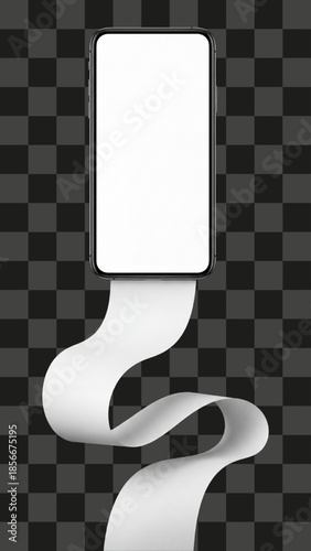 Realistic black smartphone mockup with long white scroll paper, blank empty screen display, flowing paper ribbon banner, template for internet search results