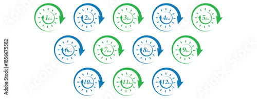hourly duration icons with circular arrows, countdown timers from one to twelve hours
