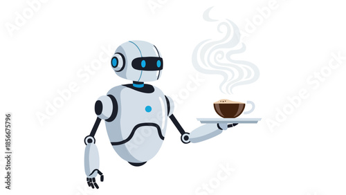 Futuristic Robot Serving Hot Coffee AI Barista Concept Modern Technology in Hospitality