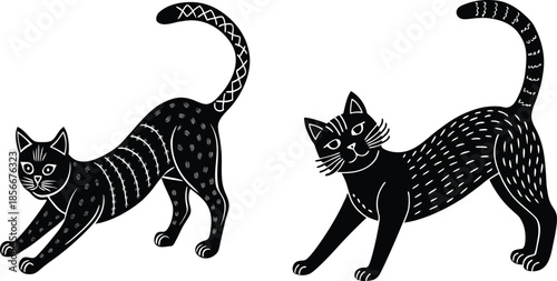 Black and white cat silhouette chasing a mouse in a cute cartoon vector style.