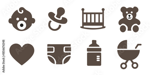 Baby Care Icons Set – Newborn Essentials Flat Vector Symbols