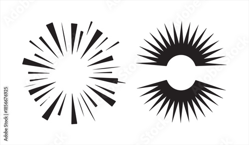 Collection of retro burst light effects and glowing sun shapes silhouettes