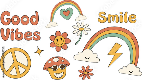 Vintage groovy set elements in flat graphic design. Vector illustration. Collection of funny cat, heart, sun, sunglasses, daisy, cactus, roller skates, music cassette, guitar, peace, unicorn, other.