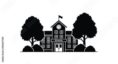 Black silhouette of a traditional school building with a clock tower, flanked by two large trees and bushes on a white background.