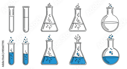 Set of eight laboratory glassware icons in line art, including test tubes and flasks with bubbles, partially colored in blue.
