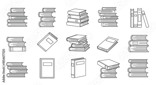 Grid of fifteen black and white line drawings of books in various stacks and single positions for library and education themes.