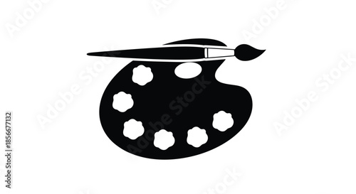 Simple black silhouette of an artist's paint palette with several wells and a single paintbrush resting across the top for art.
