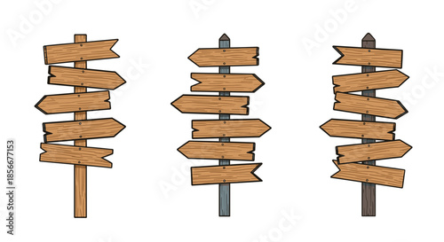 Three wooden signposts with multiple directional arrows, shown in different wood tones and rustic textures on a plain background.
