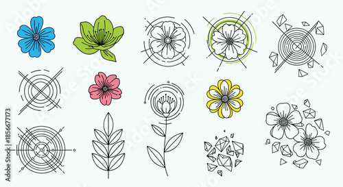 Collection of colorful flower and geometric icons in a modern line art style, including floral motifs and abstract design patterns.