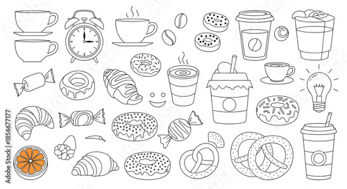 Large collection of hand-drawn sketches featuring breakfast items like coffee cups, doughnuts, croissants, and a classic alarm clock.