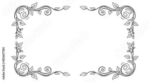 Decorative rectangular frame consisting of four ornate black and white vine corners with scrolls and small leaves for invitations.