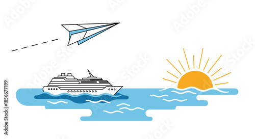 Travel concept featuring a cruise ship sailing on blue waves towards a bright orange sunset while a paper airplane flies overhead.