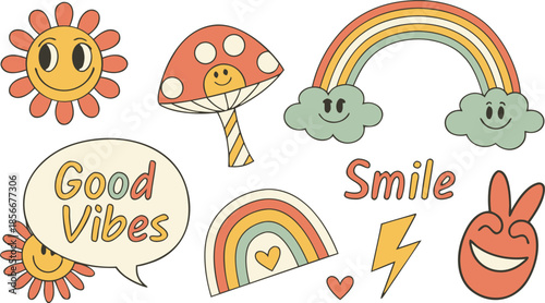 Vintage groovy set elements in flat graphic design. Vector illustration. Collection of funny cat, heart, sun, sunglasses, daisy, cactus, roller skates, music cassette, guitar, peace, unicorn, other.