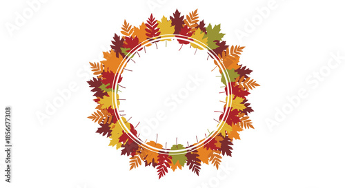 Autumnal leaf wreath made of various colorful fall leaves like maple and rowan arranged in a circular frame on a white background.