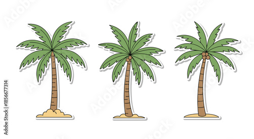 Three palm tree stickers with green fronds and brown trunks, each with a slightly different coconut arrangement and base design.