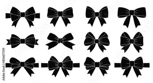 Collection of twelve black silhouette ribbon bows in various elegant styles, some with horizontal ribbon extensions behind them.