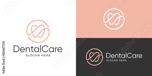 Creative simple dental care logo template. Circle shpae with teeth linear logo design vector illustration.