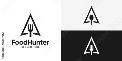 Creative simple food hunter logo template. Arrowhead, spearhead with spoon fork food hunt logo design vector illustration.