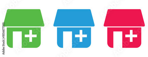 Simple building icons with plus symbol, colorful green blue and pink storefronts