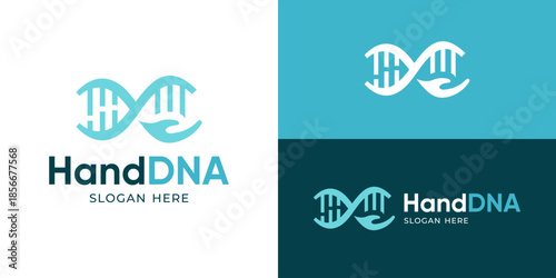 Creative simple hand DNA logo template. Abstract DNA symbol with hand logo design vector illustration.