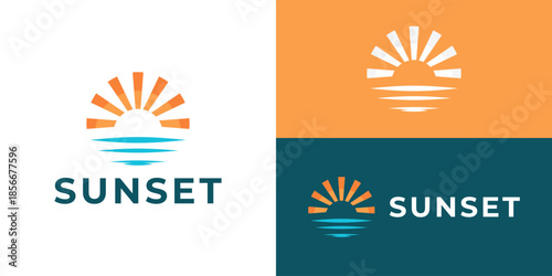 Creative simple sunset logo template. Sun and beach wave. Sun sea logo design vector illustration.