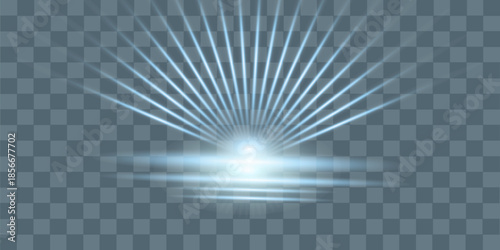 Abstract blue light rays PNG effect with glare and sparkles on dark background. Vector 10 EPS