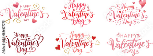 A collection of romantic pink and red valentine's day lettering designs, featuring elegant script and decorative hearts, isolated as vector illustrations on a white - Calligraphic - Typographic 
