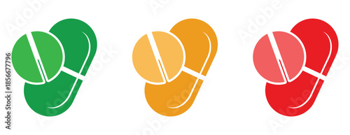 Overlapping pill and capsule icons, colorful green orange and red medication symbols