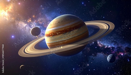 Dramatic view of saturn and moons in the vastness of space