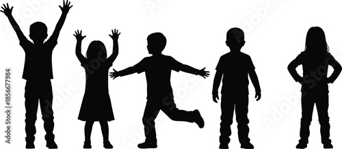 Children silhouette vector, standing poses, playful posture, black illustration, white background, childhood diversity, expressive movement, kids gesture, educational design, minimal style