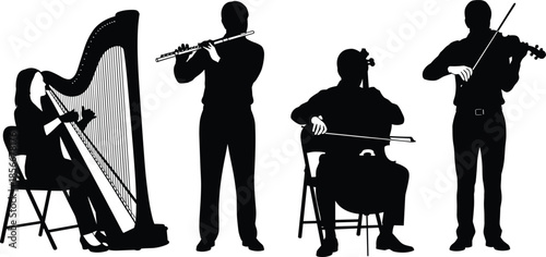 Classical music orchestra musicians silhouette vector illustration, harp flute cello and violin performers, concert band isolated on white background for musical event design,