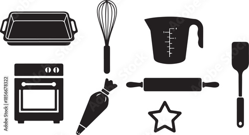 Black and white kitchen utensils and baking tools icons