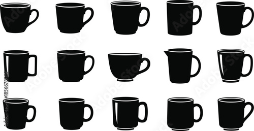 Coffee cup and mug silhouette vector illustration set, black and white ceramic tea cups in various shapes for kitchen and cafe design,