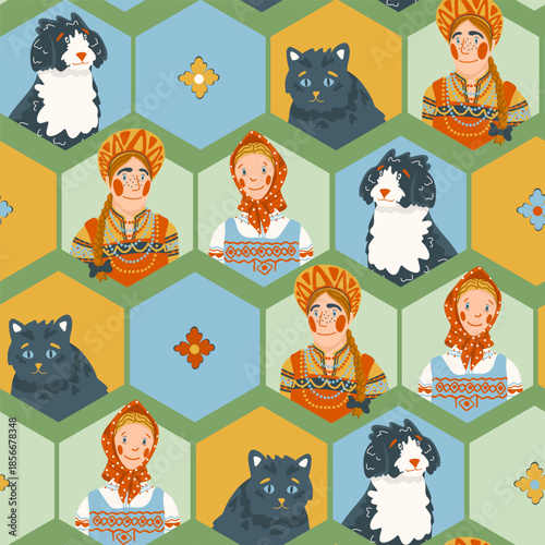 Fairytale characters from Russian Slavic folk tales, vector pattern. Women in vintage folk costumes, dogs, and cats. Animals and people, decorative wallpaper print.