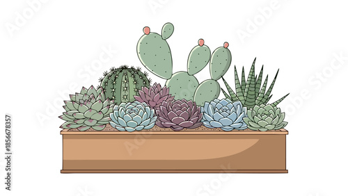 Assortment of Various Succulent Plants in a Rectangular Planter Box Hand Drawn Illustration