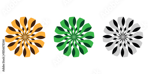 Set of three abstract 3D twisted ribbon mandalas in orange, green, and grayscale. Symmetrical geometric spiral logos with folded petal effects, ideal for modern branding, corporate identity, 