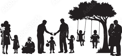 Silhouette of happy family and children playing outside together
