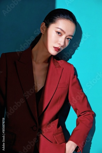 A model in a deep scarlet power suit stands against a vibrant cyan wall. Harsh side light creates a sharp shadow, with highly saturated, tactile colors.
