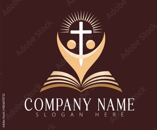 A design emblem portraying people ascending in harmony with a cross.