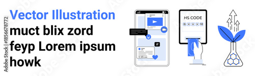 Technology interfaces, e-commerce, data security, barcode scanning, digital communication, environmental growth. Smartphone interaction and barcode scanner visuals. Digital communication