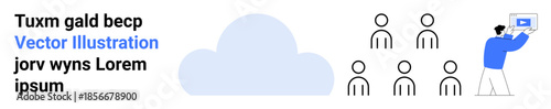 Abstract cloud, five outlined audience icons, person presenting display on large screen. Ideal for technology, learning, team, communication, remote work, education simple landing page
