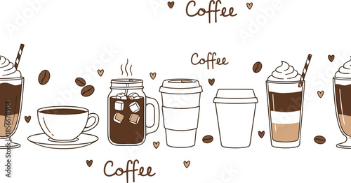 Title: Seamless horizontal border with hand drawn coffee cups iced latte disposable mugs and coffee beans for cafe website headers packaging tape and barista branding background