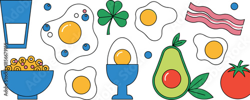 Healthy breakfast food and morning meal icons set with fried eggs, avocado, bacon, tomato, cereal bowl, glass of water, and shamrock vector.